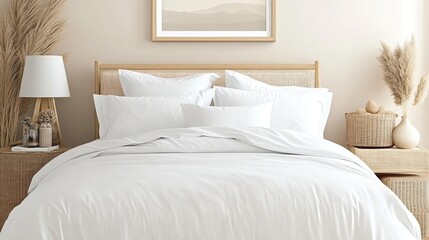 This minimalist bedroom features a large art frame showcasing a faded landscape painting in neutral tones above the bed