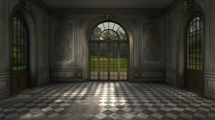 Grand Hallway with Checkered Floor and French Doors