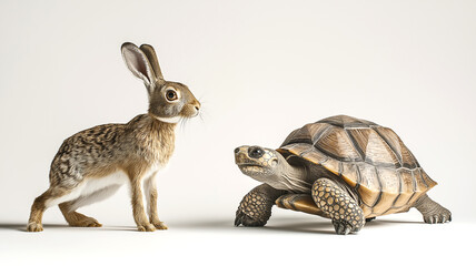 hare and tortoise, fast and slow on a white background