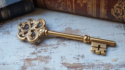A golden key with an ornate handle resting on an antique book, leaving text space.