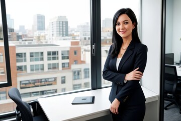 Smiling Older Businesswoman in a stylish business outfit standing at modern coworking space