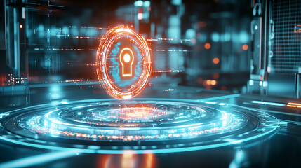 Futuristic Cybersecurity Lock Symbol on Digital Screen