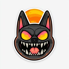 Aggressive Cartoon Black Cat with Fiery Eyes and Sunset Halo - Sticker Design