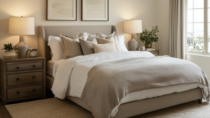 Simple bedroom background with a neatly made bed and neutral decor