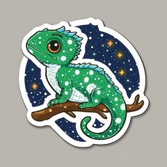 Adorable Cartoon Green Lizard on a Branch Against a Night Sky Background - Fun Sticker Design