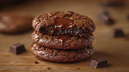 Warm Chocolate Lava Cookie with Melting Center Piled on Wooden Surface
