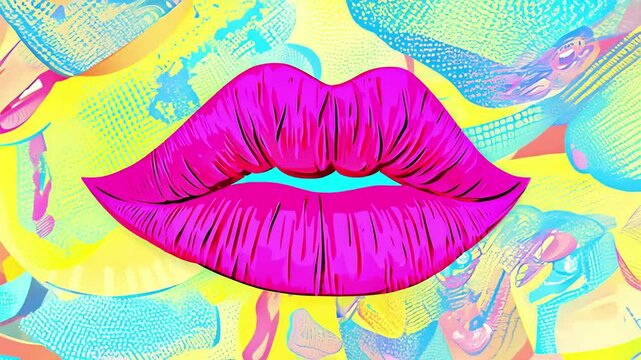 Bright Pop Art Animation of Bold Pink Lips on Vibrant Abstract Background. Concept of Pop Culture, Modern Art, Bold Expressions, Colorful Design, retro fashion