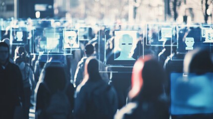 An AI powered facial recognition system, identifying faces from a large crowd in a public space, Security tech style