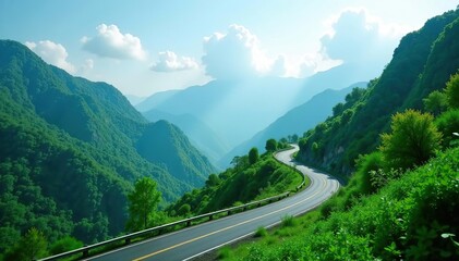 Naklejka premium Scenic road trip through lush green landscapes of China with winding roads, mountains, and forests under a cinematic sky, lush, scenic