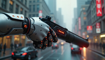 Robotic Hand Holding Futuristic Gun with Gloomy City Background