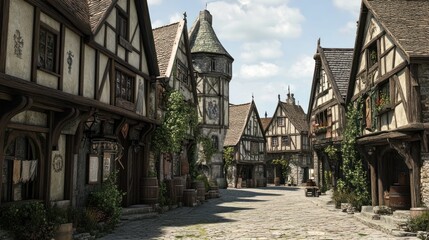 Charming medieval townscape with half-timbered houses and cobblestone street
