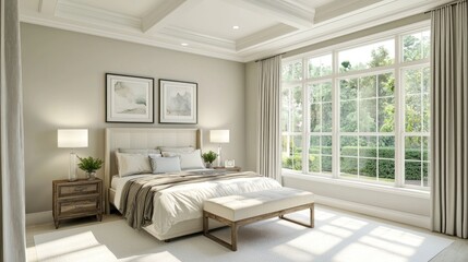 Fototapeta premium Vacant bedroom space ready for furnishing with large windows