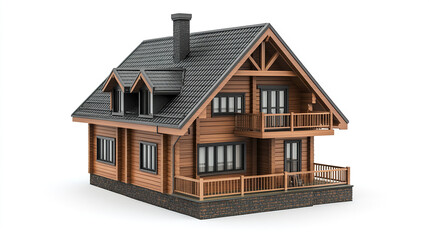 wooden residential house with chimney and balcony on white background