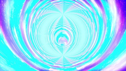 Flying through glowing blue and violet neon tunnel with reflection. 3d illustration