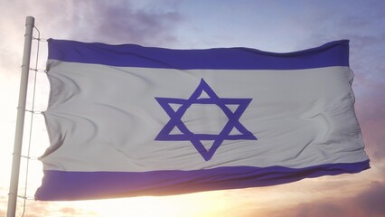 Israel politics and news concept. Israel national flag on sky background. 3d illustration
