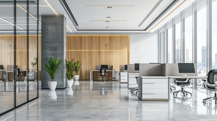 Spacious empty salon featuring elegant workstations and chairs