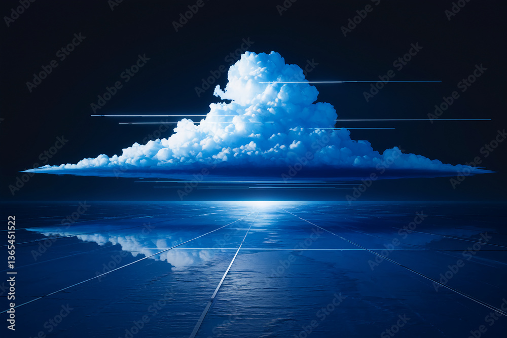 Poster blue cloud formation above a dark blue reflective surface with grid lines, showcasing a serene yet t