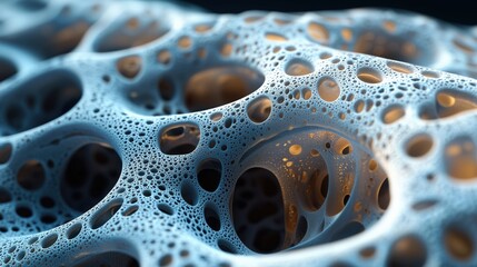 Close-up of an abstract blue sponge-like structure with intricate patterns and light reflections