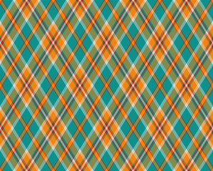 Vibrant teal, orange, and olive green plaid pattern.  Perfect for textile design, website backgrounds, or autumnal themed projects.