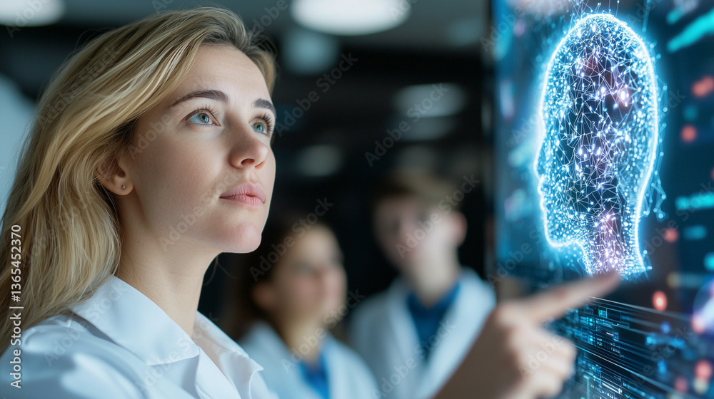 Aufkleber woman in lab coat interacts with digital interface displaying neural network