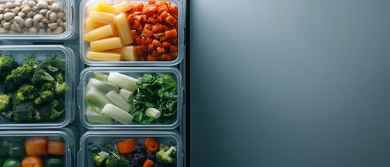 Organized refrigerator with fresh vegetables in containers, showcasing healthy meal prep