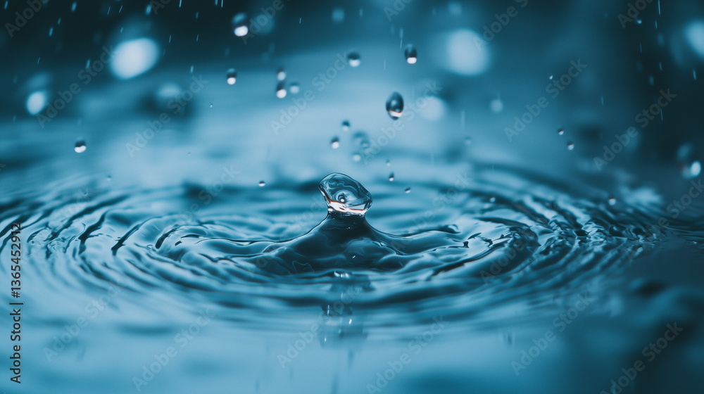 Poster close up of water droplets creating ripples on calm surface, evoking tranquility