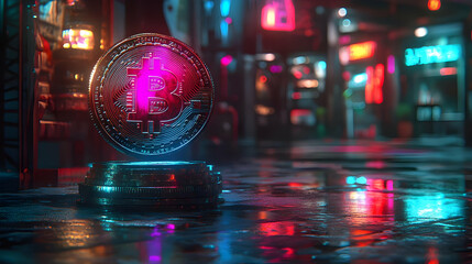 Fototapeta premium Glowing Bitcoin Token Displayed in Futuristic Tech Environment