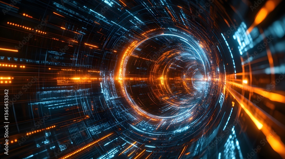 Poster futuristic tunnel illuminated by neon lights creating an abstract cyberpunk scene with fractal patte