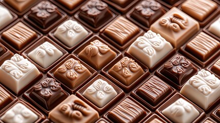 Obraz premium Close-up view of a chocolate box filled with charming chibi cat faces, each nestled in its own section, showcasing high detail