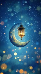 Fototapeta premium Moonlit Lantern Hanging From Crescent Shape in a Serene Blue Atmosphere at Night