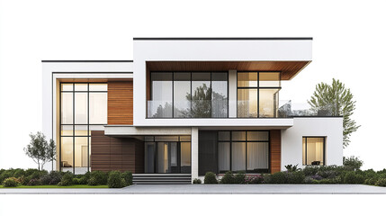 Fototapeta premium Modern residential house with large windows and greenery