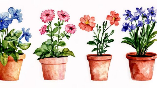 Vibrant watercolor illustration showcasing a row of terracotta pots, each brimming with colorful flowers, including pansies and geraniums