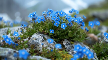 Conservation of Alpine Forget Me Nots Blue Jewels of High Mountain Slopes Illustrate field of vibrant blue Alpine Forget Me Nots blooming among melting snow patch attracting rare pollinator botanist