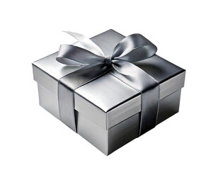 Elegant silver gift box with a satin ribbon, conveying luxury, surprise, and celebration. Perfect for websites, blogs, or advertising related to gifts, holidays, or special occasions.