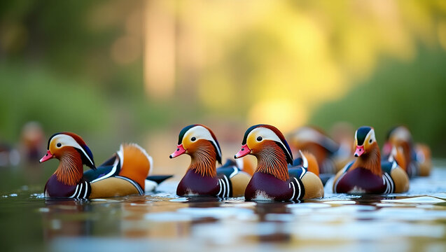 Group of Mandarin Ducks raft on the river