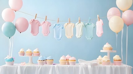 A festive baby shower setup features pastel-colored baby bodysuits hanging on a clothesline against a light blue backdrop