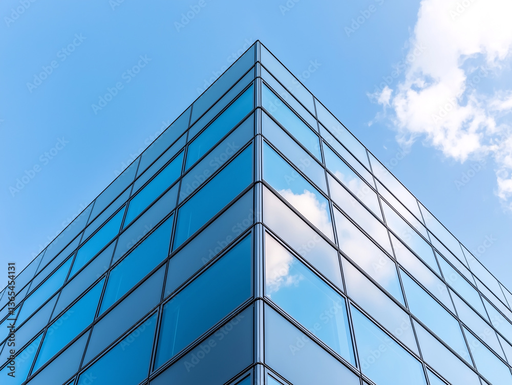 Aufkleber modern glass building corner reflects blue sky and clouds, creating sleek and minimalistic appearanc