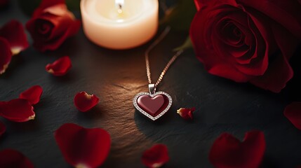 A heart-shaped pendant necklace with a red gemstone center and diamond halo surrounded by red rose petals and a lit candle