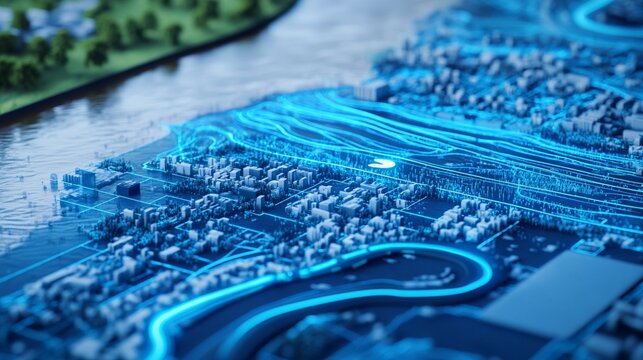 An AI powered flood monitoring system analyzing real time river data and predicting flood events to mitigate risk in vulnerable areas, Environmental monitoring style, photo of