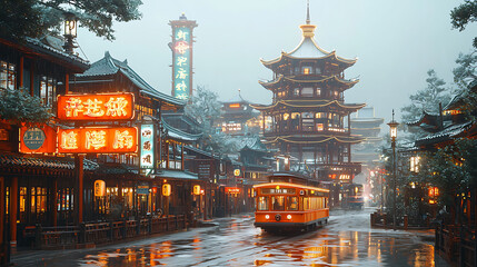 A nostalgic, rainsoaked street scene in a historic Asian city.  A vintage streetcar glides past glowing neon signs and ancient pagodas, creating a captivating blend of old and new.