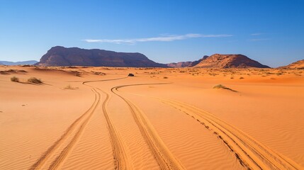 Naklejka premium A vast desert landscape with vehicle tracks and distant mountains