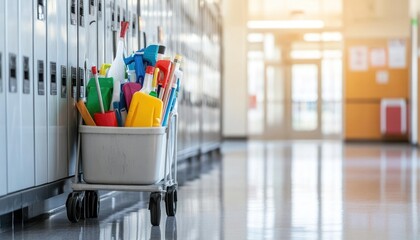 Cleaning cart in hallway with cleaning supplies