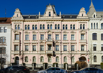  A classic old historic building on Elizabetes street 15,  Riga, Latvia, featuring ornate Neo Renaissance architectural details, decorative windows, and a symmetrical facade
