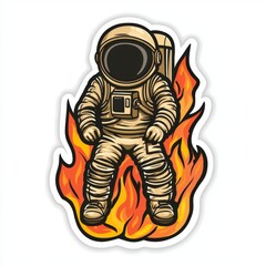 Retro Astronaut in Flames Vintage Spaceman Sticker Design