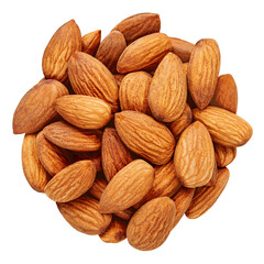 Almonds isolated on white background. Whole brown peeled almond nuts  pile. Almonds  Top view. Flat lay. Package design element.