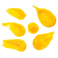 Set of Yellow mustard sauce isolated on white. Fresh levitating honey  Mustard spread  stains Collection  Top view. Flat lay. Package design element. Pattern.