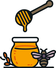 Honey Dipper and Bee Illustration, This vibrant illustration features a honey jar with a honey dipper dripping golden honey above it. A cute bee rests beside the jar, completing the sweet
