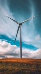 A solitary wind turbine stands tall against a dramatic sky with swirling clouds