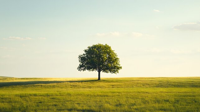 A solitary tree stands in the center of a vast sunlit field under a clear sky - Powered by Adobe