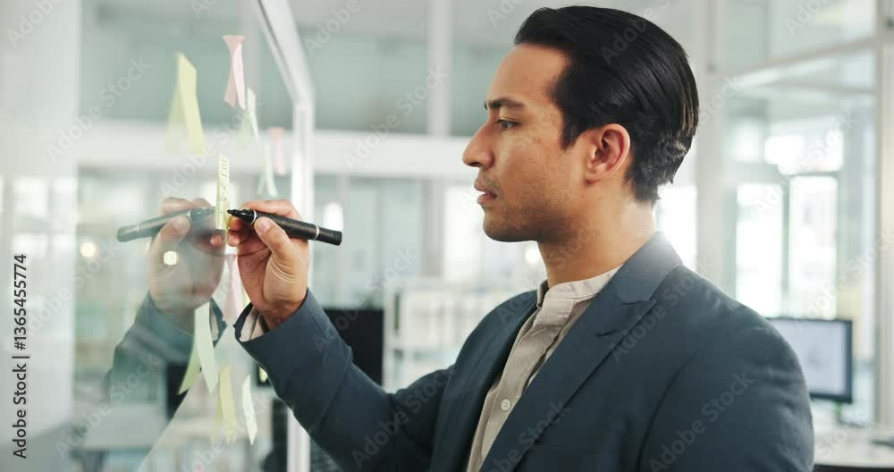 Poster office, businessman and sticky note with writing for planning, brainstorming and project solution. g